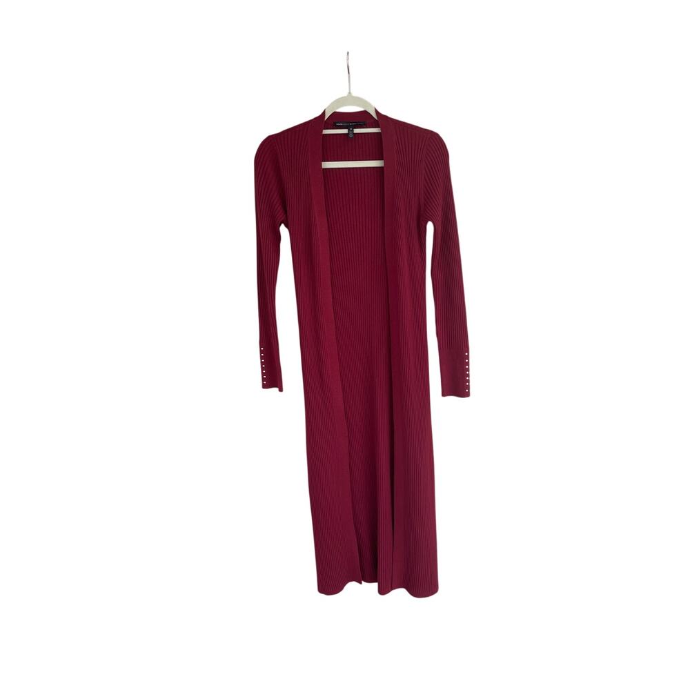 WHBM Sweater Duster XS Burgundy Ribbed Long Cardigan Studded Cuffs Open Front